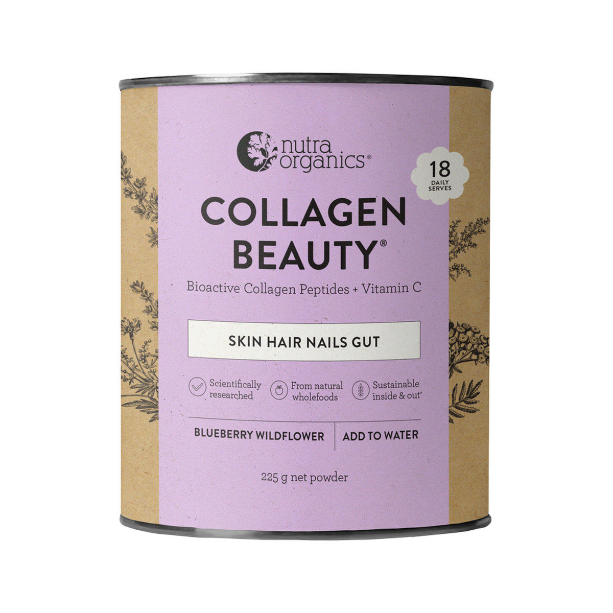 Nutra Naturals Collagen Beauty Bioactive Collagen Peptides + Vitamin C Blueberry Wildflower 225g
