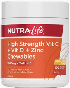 NUTRALIFE High Strength Vit C + Vit D + Zinc Chewables 120t
