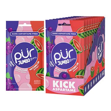 PUR Jumbo Gum Grape Bubblegum Watermelon Gum 81g x20