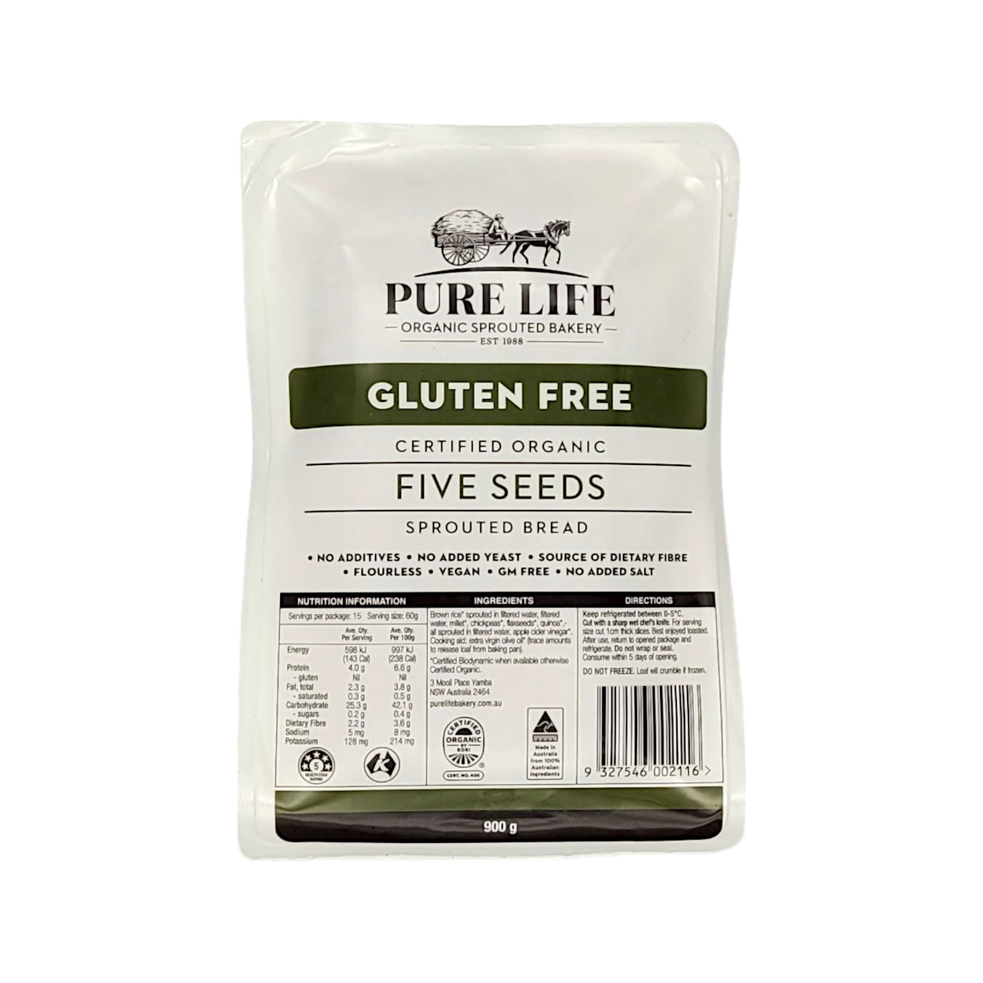 PURE LIFE Sprouted Bread GLUTEN FREE Five Seeds Organic 900g