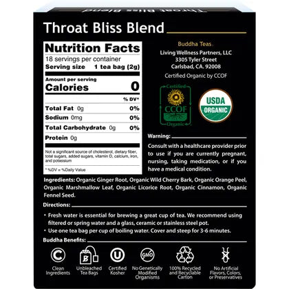 BUDDHA TEAS Throat Bliss Blend Organic Herbal Tea x18