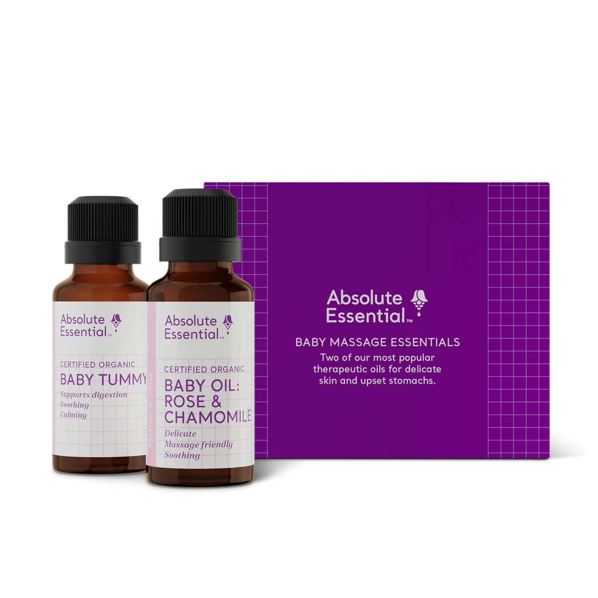 Absolute Essential Baby Massage Essentials (25ml of Baby Oil: Rose andChamomile and Baby Tummy)