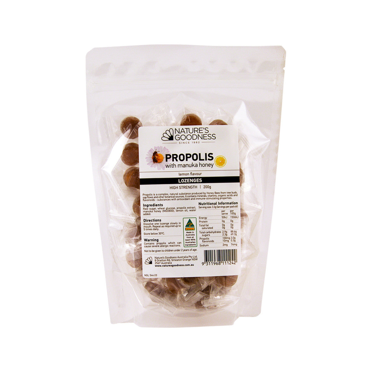 Nature's Goodness Propolis with Manuka Honey Lozenges (High Strength) Lemon Flavour 200g