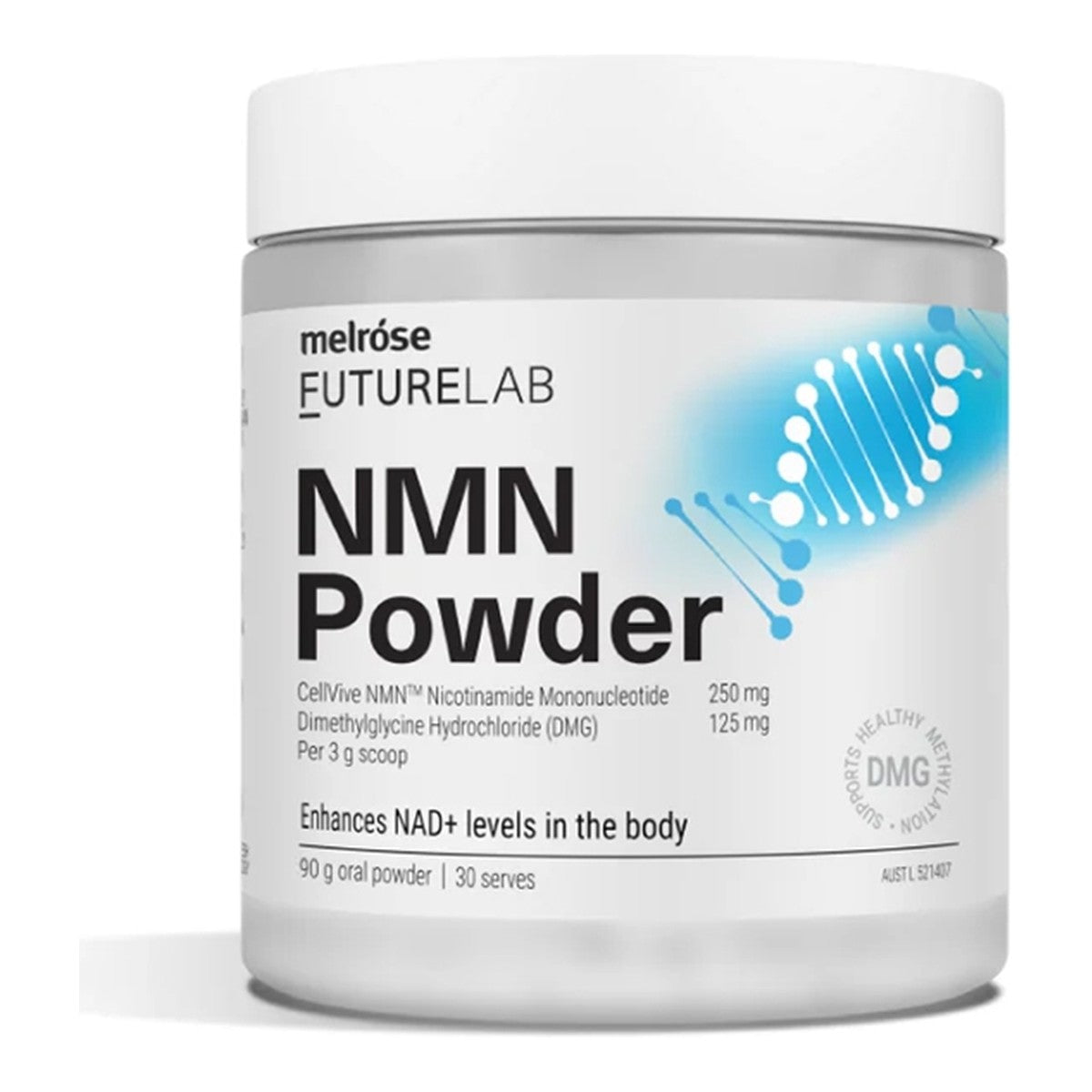 Melrose FutureLab NMN Powder 90g tub, 250mg NMN per 3g scoop