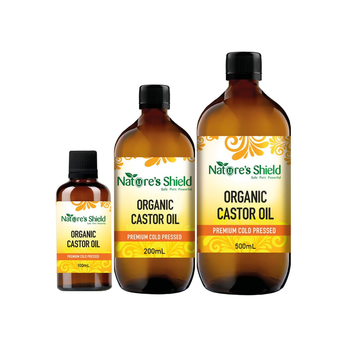 Nature's Shield Organic Castor Oil in 100ml, 200ml and 500ml glass bottles